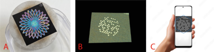 Decorative surface structure, identification code (diameter 2mm) readable by a smartphone.